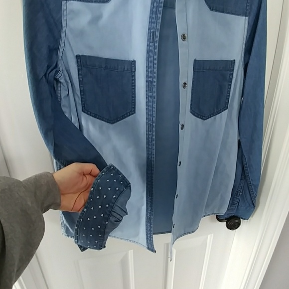 Express denim hearts and colorblock button-down - Picture 1 of 6